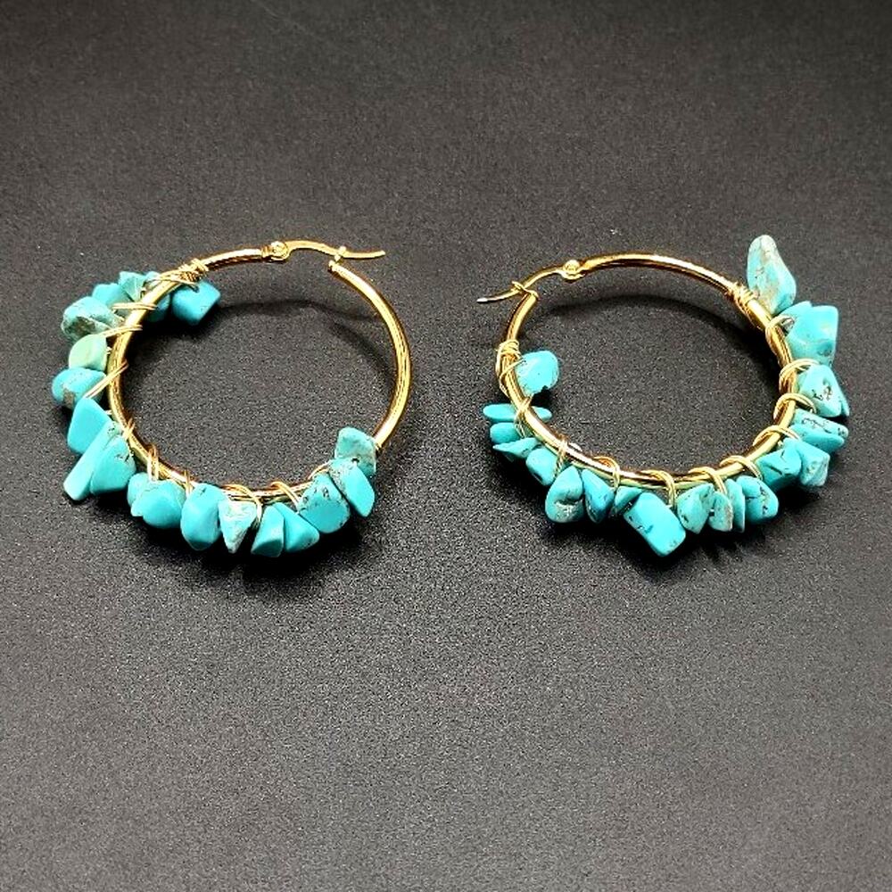 Gold Tone Turquoise Earrings Hoop Dangle BOHO Vintage Birthday Valentines